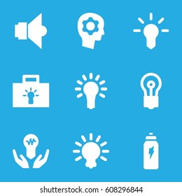 Innovation icons set. set of 9 innovation filled icons such as bulb, light bulb, lamp, energetic drink, gear in head