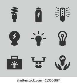 Innovation icons set. set of 9 innovation filled icons such as bulb, fluorescent lamp, energetic drink, bulb in hand
