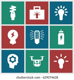 Innovation icons set. set of 9 innovation filled icons such as light bulb, fluorescent lamp, energetic drink, bulb, gear in head