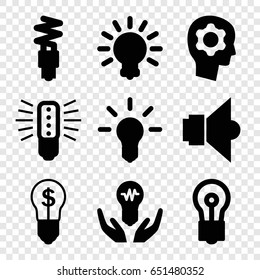 Innovation icons set. set of 9 innovation filled icons such as bulb, fluorescent lamp, lamp, gear in head, bulb in hand