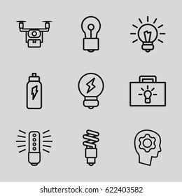 Innovation icons set. set of 9 innovation outline icons such as bulb, fluorescent lamp, gear in head, energetic drink