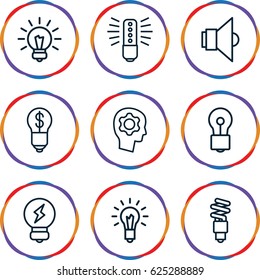 Innovation icons set. set of 9 innovation outline icons such as bulb, light bulb, fluorescent lamp, lamp, gear in head