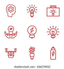 Innovation icons set. set of 9 innovation outline icons such as light bulb, fluorescent lamp, bulb, gear in head, energetic drink, medical drone
