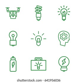 Innovation icons set. set of 9 innovation outline icons such as bulb, light bulb, fluorescent lamp, gear in head, energetic drink