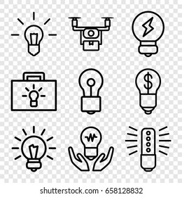 Innovation icons set. set of 9 innovation outline icons such as bulb, bulb with dollar, medical drone
