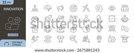Innovation icons set. Includes light bulb, idea, brain, research, creativity, and technology symbols. Editable stroke. Line icons. Perfect for startups and creative projects.