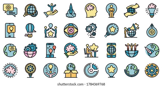 Iconos de innovación. Conjunto de esquemas de innovación iconos vectoriales color de línea delgada plano sobre blanco