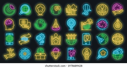Iconos de innovación. Conjunto de esquemas de innovación iconos vectoriales color de neón en negro