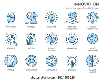 Innovation icons, such as analysis, technology, startup, business solution and more. Vector illustration isolated on white. Editable stroke.