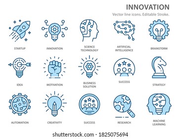 Innovation icons, such as analysis, technology, startup, business solution and more. Vector illustration isolated on white. Editable stroke.