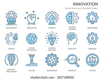 Innovation icons, such as analysis, technology, startup, business solution and more. Vector illustration isolated on white. Editable stroke.