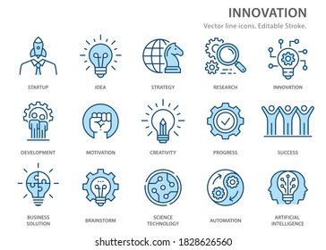 Innovation icons, such as analysis, technology, startup, business solution and more. Vector illustration isolated on white. Editable stroke.