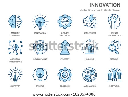 Innovation icons, such as analysis, technology, startup, business solution and more. Vector illustration isolated on white. Editable stroke.
