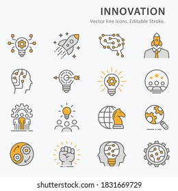 Innovation icons, such as technology, success, startup, artificial intelligence and more. Vector illustration isolated on white. Editable stroke.