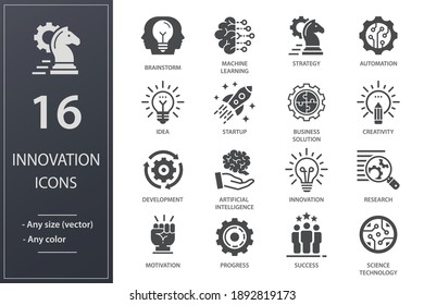 Innovation icons, such as technology, success, startup, artificial intelligence and more. Vector illustration.