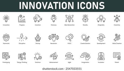 Innovation Icons vector illustration with thin line editable stroke containing progress invention visionary idea generation originality creativity teamwork disruption startup solution agile