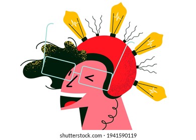 Innovación, idea, concepto de lluvia de ideas. Joven sonriente alegre hombre con gafas que se siente confiado e inteligente con casco de bombilla que significa grandes ideas y listo para lanzar nueva ilustración de negocios 