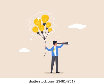 Innovation idea concept. Creativity, solution or smart thinking, inspiration, imagination or wisdom to develop business plan, advice or invention, smart businessman holding lightbulb idea balloons.