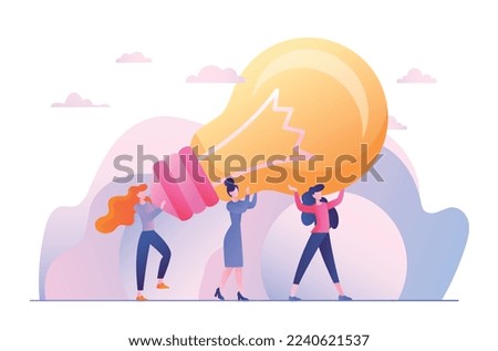 Innovation idea concept. People with big light bulb. Insight and brainstorming, innovation and business project. Cooperation and collaboration. Poster or banner. Cartoon flat vector illustration