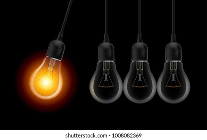 Innovation Idea Concepts Glowing Light Bulb. Light Bulbs in Row with Single one in Motion and Shinning, Isolated on Black Background