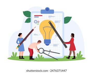 Innovation idea creation, teamwork on digital project design. Tiny people create bright light bulb pencil, compass and ruler, work with terms of reference on clipboard cartoon vector illustration