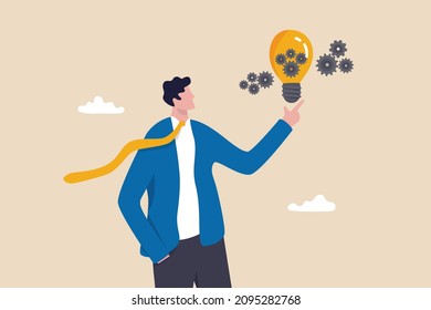 Innovation idea, creativity or imagination for business success, smart businessman presenting innovative lightbulb with cogs and gears to invent new technology to solve business problem.