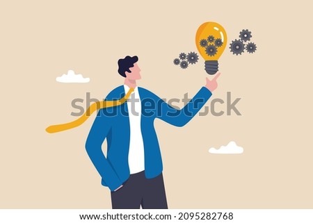 Innovation idea, creativity or imagination for business success, smart businessman presenting innovative lightbulb with cogs and gears to invent new technology to solve business problem.