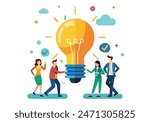 Innovation idea to drive team success, business innovative solution, community or invention help company achieve goal concept, business people teamwork help carry big smart lightbulb Hand drawn style 