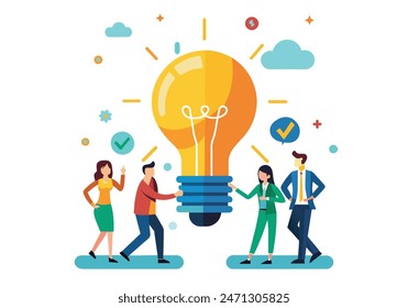 Innovation idea to drive team success, business innovative solution, community or invention help company achieve goal concept, business people teamwork help carry big smart lightbulb Hand drawn style 