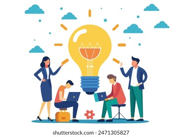 Innovation idea to drive team success, business innovative solution, community or invention help company achieve goal concept, business people teamwork help carry big smart lightbulb Hand drawn style 