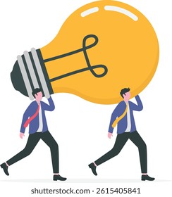 Innovation idea to drive team success, business innovative solution, community or invention help company achieve goal concept, business people teamwork help carry big smart lightbulb innovation idea.
