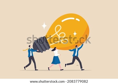 Innovation idea to drive team success, business innovative solution, community or invention help company achieve goal concept, business people teamwork help carry big smart lightbulb innovation idea.