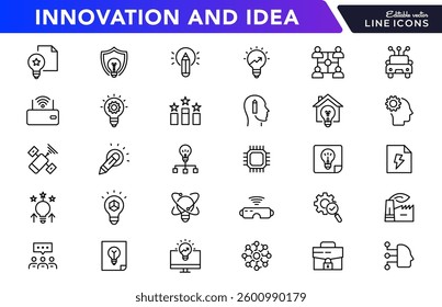 Innovation and idea line icon set. Strategic, creative, business, solutions, thinking, technologies, startup, idea, knowledge, and development outline icon collection. UI thin outline icon pack