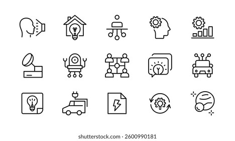 Innovation and idea line icon set. Strategic, creative, business, solutions, thinking, technologies, startup, idea, knowledge, and development outline icon collection. UI thin outline icon pack