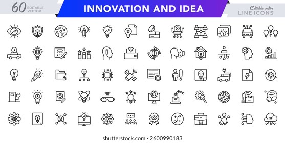 Innovation and idea line icon set. Strategic, creative, business, solutions, thinking, technologies, startup, idea, knowledge, and development outline icon collection. UI thin outline icon pack
