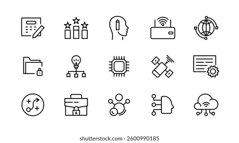 Innovation and idea line icon set. Strategic, creative, business, solutions, thinking, technologies, startup, idea, knowledge, and development outline icon collection. UI thin outline icon pack