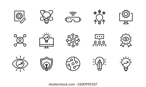 Innovation and idea line icon set. Strategic, creative, business, solutions, thinking, technologies, startup, idea, knowledge, and development outline icon collection. UI thin outline icon pack