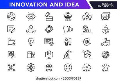 Innovation and idea line icon set. Strategic, creative, business, solutions, thinking, technologies, startup, idea, knowledge, and development outline icon collection. UI thin outline icon pack