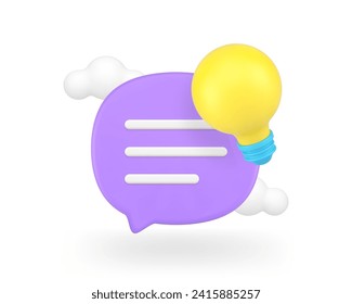 Innovation idea quick tips solution speech bubble chat and lightbulb 3d icon realistic vector illustration. Help advice information guide note reminder knowledge suggestion helpful FAQ useful button