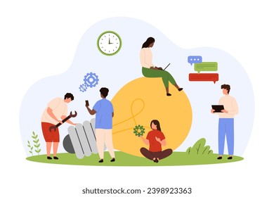 Ilustración vectorial de investigación de ideas de innovación. El equipo de marketing de caricaturas de personas diminutas trabaja cerca de engranajes y grandes bombillas, piensa juntos en el proyecto de inicio y solución de tormentas de ideas, reparando el motor roto