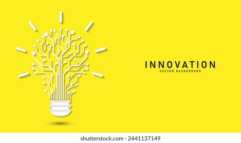 Innovation. Idea and solution technology concept. A light bulb from dot circuit board on the yellow background. Cyber and digital computer innovation concept. Business innovation and creative ideas.