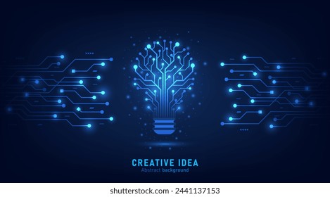 Innovation. Idea and solution technology concept. A light bulb from dot circuit board on the dark blue. Abstract cyber and digital computer innovation concept. Business innovation and creative idea.