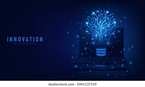 Innovation. Idea and solution technology concept. A light bulb from dot circuit board on the dark blue. Abstract cyber and digital computer innovation concept. Business innovation and creative idea.