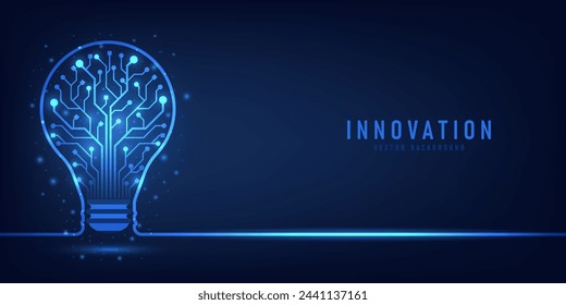 Innovation. Idea and solution technology concept. A light bulb from dot circuit board on the dark blue. Abstract cyber and digital computer innovation concept. Business innovation and creative idea.