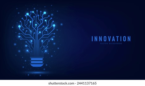 Innovation. Idea and solution technology concept. A light bulb from dot circuit board on the dark blue. Abstract cyber and digital computer innovation concept. Business innovation and creative idea.