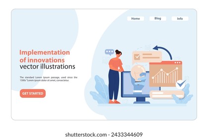 Innovation Implementation. A crisp vector illustration depicting a professional executing new strategies, symbolizing the application of innovative ideas in business. Flat vector illustration.