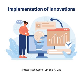 Innovation Implementation. A crisp vector illustration depicting a professional executing new strategies, symbolizing the application of innovative ideas in business. Flat vector illustration.