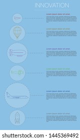 Innovation infographics with paper plane, hot air balloon, airship, rocket.