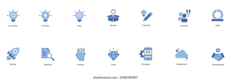 Innovation, Invention, Idea, Novelty, Creativity, Evolution, Agile, Startup, Research, Creative, Value, Prototype, Imagination, Collaboration Vector Icon Set