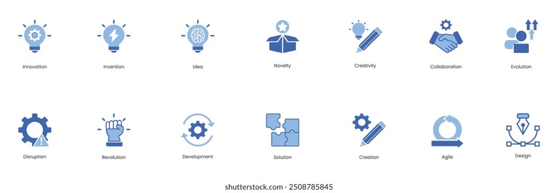 Inovação, Invenção, Ideia, Novidade, Criatividade, Colaboração, Evolução, Interrupção, Revolução, Desenvolvimento, Solução, Criação, Ágil, Design Vetor Icon Set